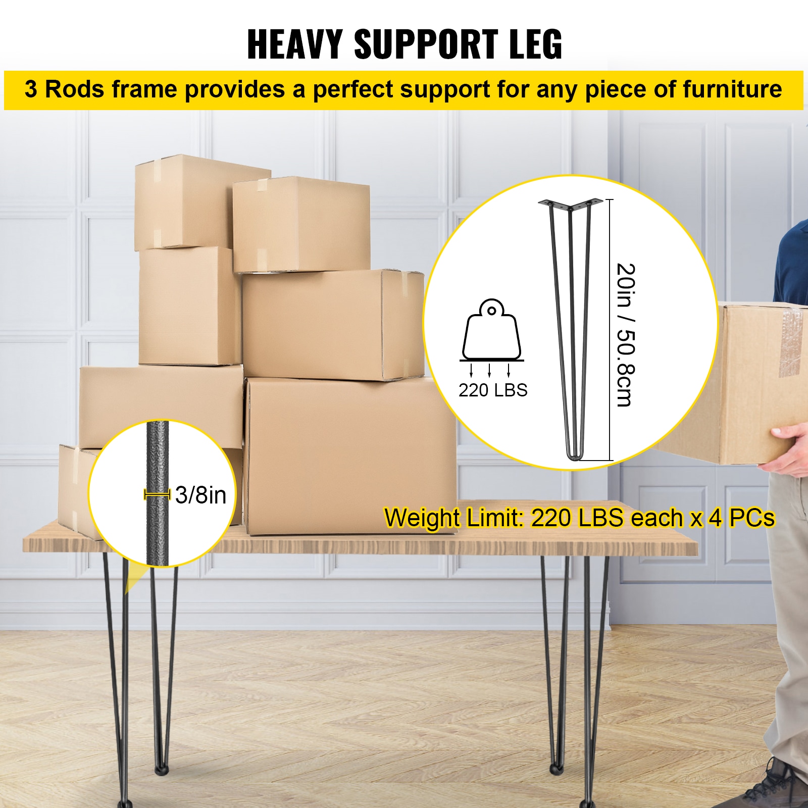 Hairpin Table Legs 20" Black Set Of 4 Desk Legs 880lbs Load Capacity (Each 220lbs) Hairpin Desk Legs 3 Rods For Bench Desk Dining End Table Chairs Carbon Steel DIY Heavy Duty Furniture Legs_maomaolike.com